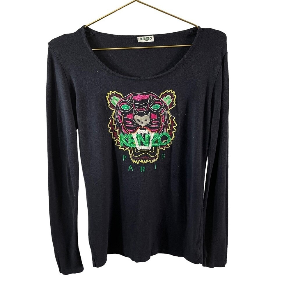 Kenzo Paris Black Embroidered Tiger Head Long Sleeve Top Made in Italy